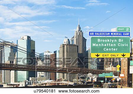 Stock Image - USA, New York State, New York City, Cityscape with Brooklyn Bridge. Fotosearch
