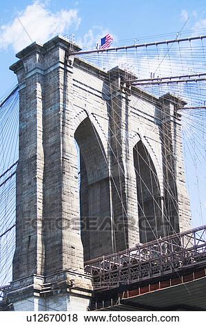 Stock Photo - USA, New York State, New York City, Brooklyn bridge detail with American flag on top. Fotosearch