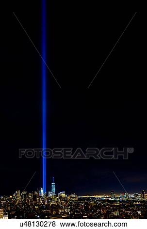 USA, New York State, New York City, Cityscape with light beam over ground zero View Large Photo Image Stock Photo - USA, New York State, New York City, Cityscape with light beam over ground zero. Fotosearch