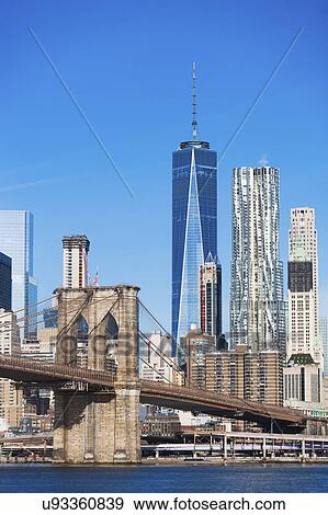 USA, New York State, New York City, Manhattan, Brooklyn Bridge with downtown skyline View Large Photo Image Stock Photo - USA, New York State, New York City, Manhattan, Brooklyn Bridge with downtown skyline. Fotosearch