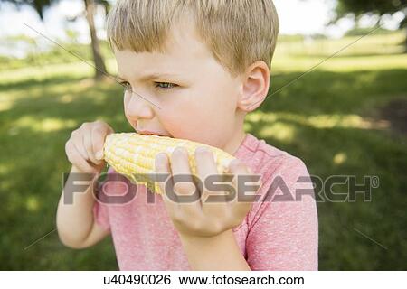 Stock Photograph - USA, Pennsylvania, Washington Crossing, Boy (4-5) eating sweet corn cob. Fotosearch