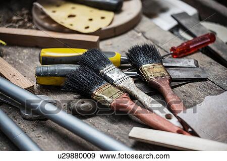 Variety of paint brushes and tools View Large Photo Image Stock Photo - Variety of paint brushes and tools. Fotosearch