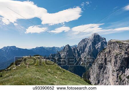 Stock Image - View from BASE jumping spot to cliffs on other side of the valley, Col di Pra, Italian Alps, Alleghe, Belluno, Italy. Fotosearch