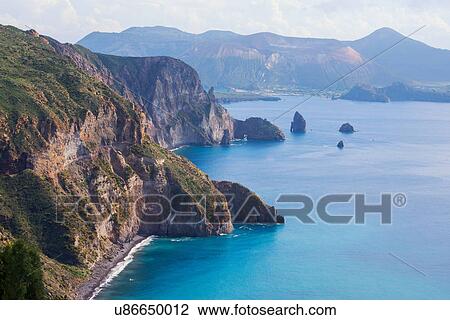 Stock Image - View of Lipari and Vulcano island from Belvedere Quattrocchi, Sicily, Italy. Fotosearch