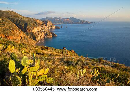 Stock Photography - View of Lipari and Vulcano island from Belvedere Quattrocchi, Sicily, Italy. Fotosearch