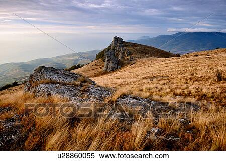 Stock Photography - View of mountains and rock formations from South Demergi mountain, Crimea, Ukraine. Fotosearch