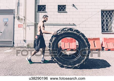 Young male cross trainer pushing large tyre outside gym View Large Photo Image Stock Photograph - Young male cross trainer pushing large tyre outside gym. Fotosearch