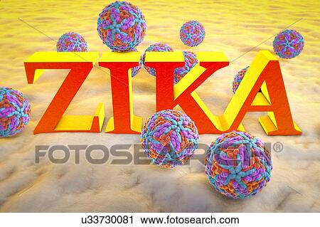 Stock Image - Zika viruses and inscription 'Zika', illustration. Fotosearch