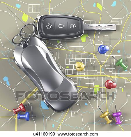 Stock Photo - Car key and push pins in road map. Fotosearch