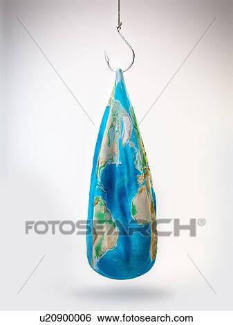 Stock Photograph - Deflated Earth hanging on fish hook. Fotosearch