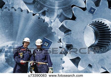 Stock Image - Engineers with gears and cogs. Fotosearch