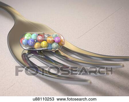 Stock Image - Fork with multivitamin capsule. Fotosearch