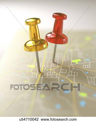 Stock Image - Push pins in road map. Fotosearch
