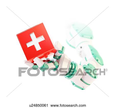 Stock Image - Robotic hand holding healthcare symbol. Fotosearch