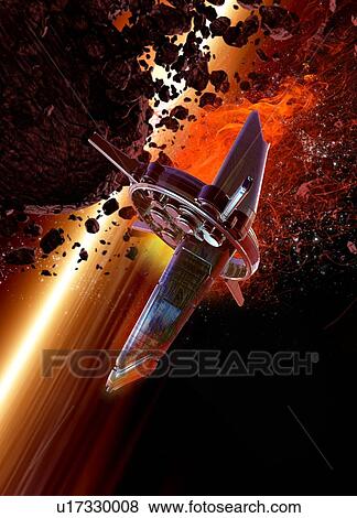 Stock Photo - Space craft and asteroids, illustration. Fotosearch
