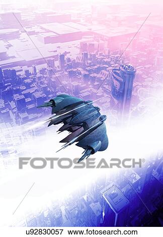 Stock Photo - Spacecraft flying over city, illustration. Fotosearch