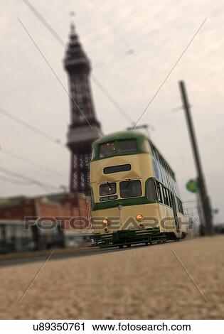 Stock Image - Tram with Blackpool Tower, UK. Fotosearch