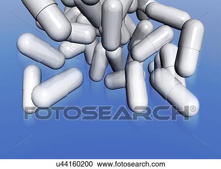 Stock Image - White capsules on blue background, illustration. Fotosearch