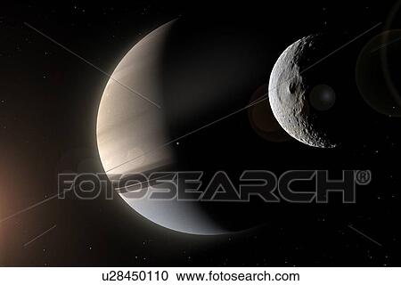 Stock Image - Artwork of Saturn and Mimas. Fotosearch
