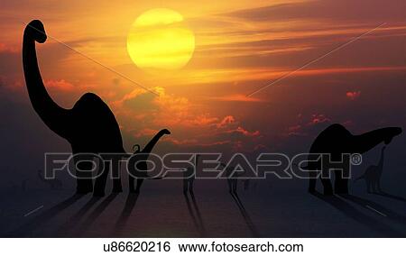 Artwork of sauropod dinosaurs at sunset View Large Photo Image Stock Photograph - Artwork of sauropod dinosaurs at sunset. Fotosearch