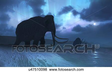 Stock Photo - Artwork of the Mammoths and Aurora. Fotosearch