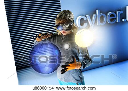 Boy in virtual reality headset interacting with floating digital earth, moon and sun View Large Photo Image Picture - Boy in virtual reality headset interacting with floating digital earth, moon and sun. Fotosearch