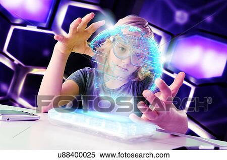Stock Photography - Boy interacting with floating digital globe. Fotosearch