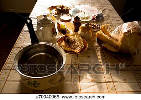 Breakfast food, teapot and saucepan on table View Large Photo Image Stock Photograph - Breakfast food, teapot and saucepan on table. Fotosearch
