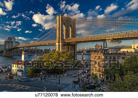 Stock Photo - Brooklyn Bridge at sunset, NY NY - in black and white. Fotosearch