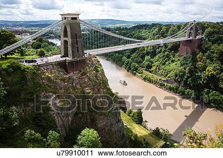 Stock Image - Clifton Suspension bridge, Avon Gorge and River Avon, Bristol, United Kingdom. Fotosearch