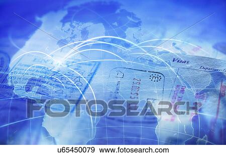Stock Photo - Composite image of passport and map with glowing rays. Fotosearch