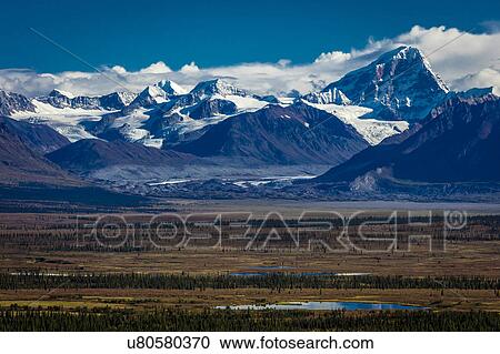 Stock Image - Denali Highway, Route 8, offers views of Mt. Deborah, Mnt. Hess Mountain, & Mt. Hayes Alaska, Alaska. Fotosearch