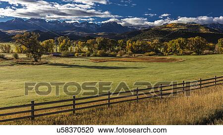 Stock Image - Double RL Ranch near Ridgway, Colorado USA with the Sneffels Range in the San Juan Mountains. Fotosearch