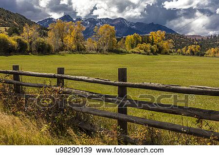 Stock Photo - Double RL Ranch near Ridgway, Colorado USA with the Sneffels Range in the San Juan Mountains. Fotosearch