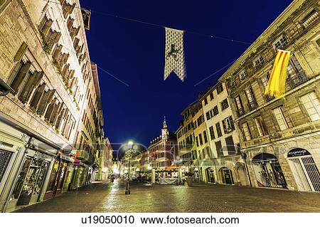 Stock Image - France, Auvergne-Rhone-Alpes, Chambery, Street at night. Fotosearch
