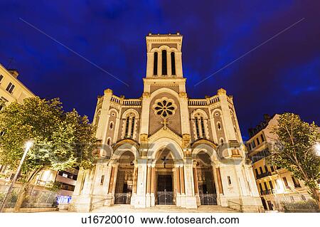 France, Auvergne-Rhone-Alpes, Saint-Etienne, Saint-Charles-de-Borrome Cathedral at night View Large Photo Image Stock Image - France, Auvergne-Rhone-Alpes, Saint-Etienne, Saint-Charles-de-Borrome Cathedral at night. Fotosearch