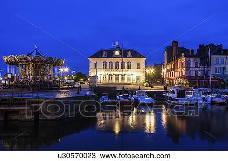 France, Normandy, Honfleur, Town hall with port at dusk View Large Photo Image Stock Image - France, Normandy, Honfleur, Town hall with port at dusk. Fotosearch