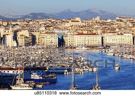 France, Provence-Alpes-Cote d'Azur, Marseille, Cityscape with Vieux port - Old Port View Large Photo Image Stock Photo - France, Provence-Alpes-Cote d'Azur, Marseille, Cityscape with Vieux port - Old Port. Fotosearch