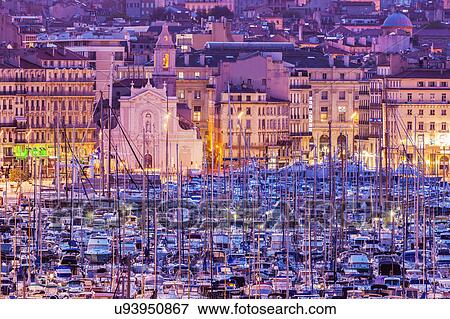 France, Provence-Alpes-Cote d'Azur, Marseille, Cityscape with Vieux port - Old Port at sunset View Large Photo Image Stock Photo - France, Provence-Alpes-Cote d'Azur, Marseille, Cityscape with Vieux port - Old Port at sunset. Fotosearch