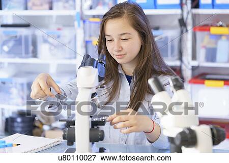 Girl using microscope View Large Photo Image Stock Photo - Girl using microscope. Fotosearch