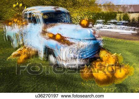 Stock Photo - Impressionistic Vintage Pickup Truck with Halloween Display at Milford, CT, offers a artistic view. Fotosearch