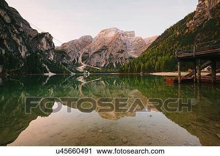 Stock Image - Lago di Braies, Dolomite Alps, Val di Braies, South Tyrol, Italy. Fotosearch