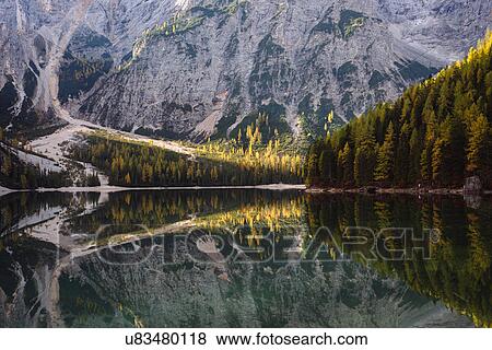 Stock Photo - Lago di Braies, Dolomite Alps, Val di Braies, South Tyrol, Italy. Fotosearch