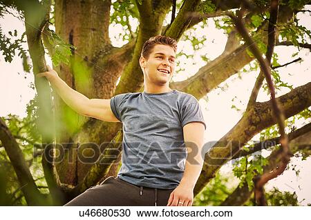 Man training in park, taking a break whilst climbing tree View Large Photo Image Stock Image - Man training in park, taking a break whilst climbing tree. Fotosearch