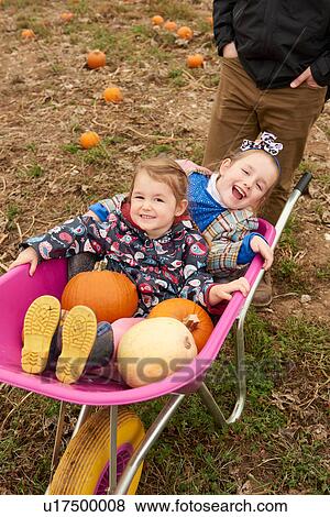 Stock Photo - Man with two daughters sitting in wheelbarrow in pumpkin field. Fotosearch