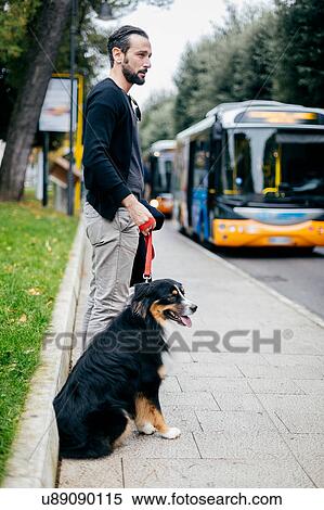 Stock Photography - Mid adult man waiting with pet dog at city sidewalk. Fotosearch