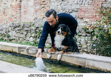 Stock Photo - Mid adult man with dog splashing water trough. Fotosearch