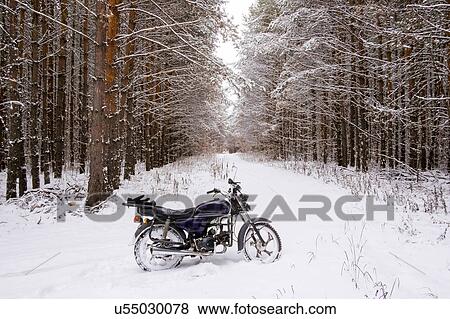 Stock Photo - Motorbike parked in snowy forest. Fotosearch