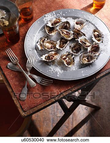Stock Image - Oysters on sea salt. Fotosearch