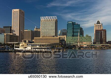 Stock Image - Panoramic view of Baltimore Inner Harbour, Maryland. Fotosearch